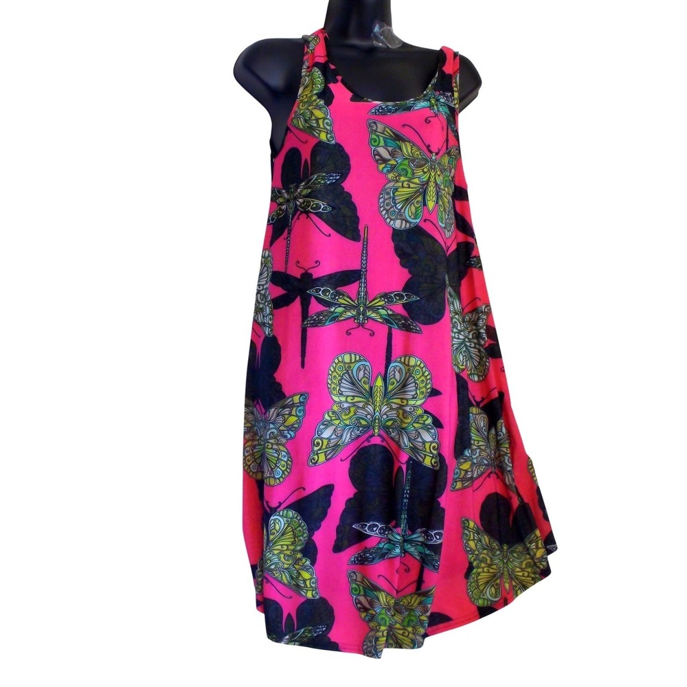 Isla Bonita Pink Butterfly Dragonfly Print Sleeveless A-Line Dress One‎ Size NWT